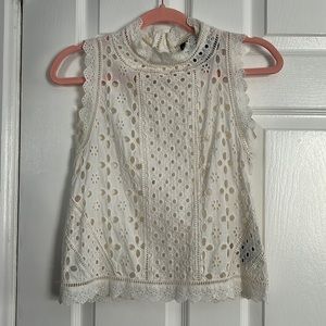 Anthropologie James Coviello White Sleeveless Mock Neck Eyelet Blouse, XS